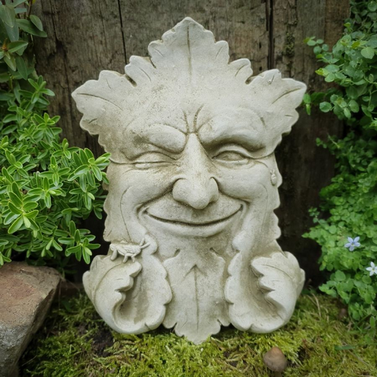 Stone Winking Greenman Face Plaque Antique Grey Wall Hanging Pagan Garden Decor