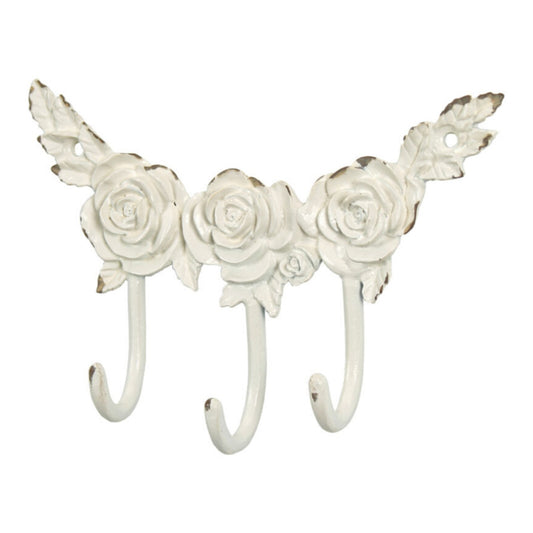 Metal White Rose Triple Hook Wall Mounted Shabby Chic Coat Key Door Hanger Rack
