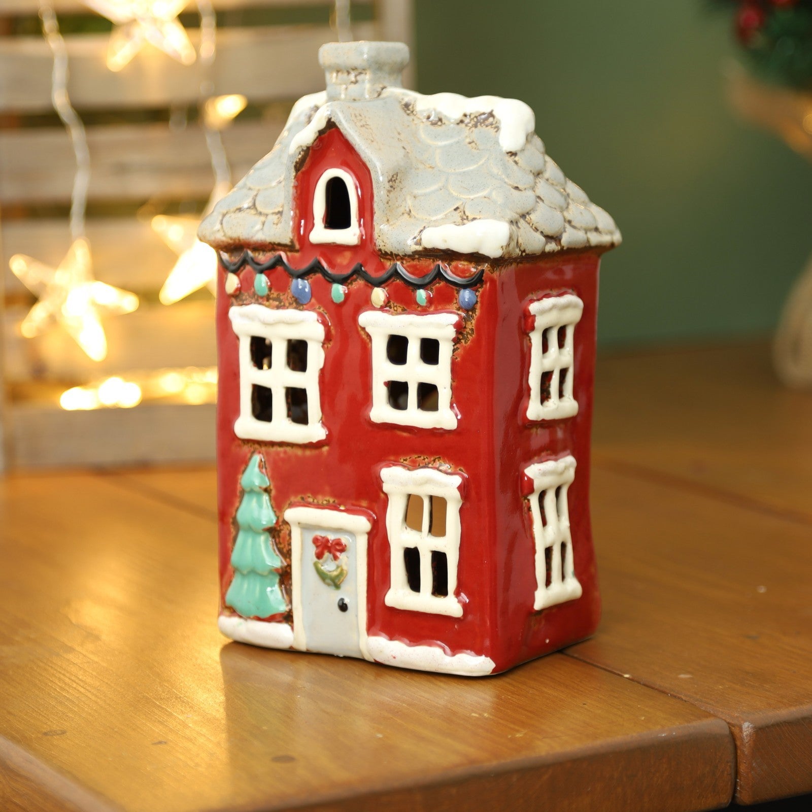 Ceramic Christmas Tealight Holder Cottage Village Scene Townhouse Xmas Ornament