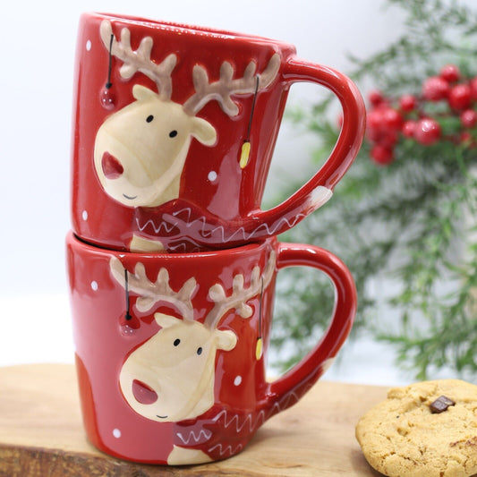 2Pc Ceramic Red Reindeer Mug 300ml Coffee Tea Cup Christmas Novelty Table Gift