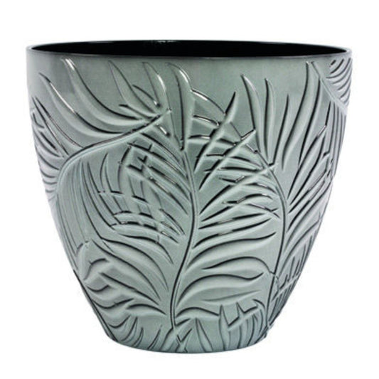 Round Plastic Grey Plant Pot 23cm Fern Leaf Embossed Home Outdoor Flower Planter