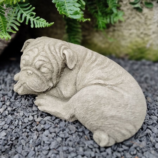 Stone Grey Lying Pug Sculpture Outdoor Garden Ornament Antique Patina Dog Statue