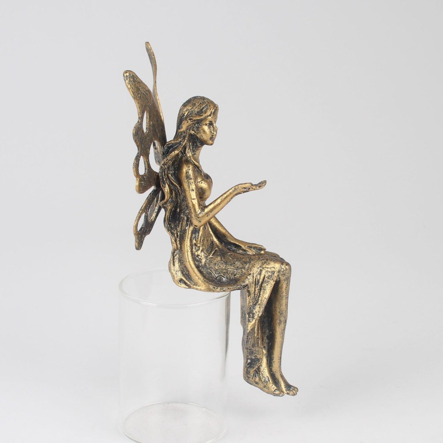 Resin Gold Fairy with Metal Wings Statue Antique Sitting Garden Vintage Ornament