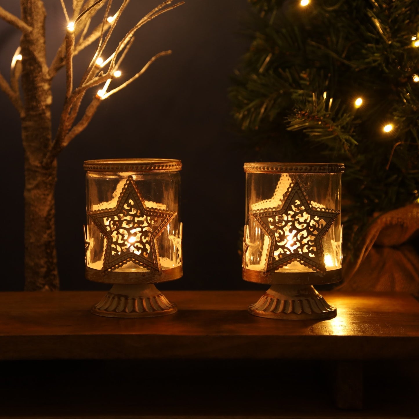 2Pc Rose Gold Glass Star Candle Holders Metal Stars Festive Whitewashed Xmas