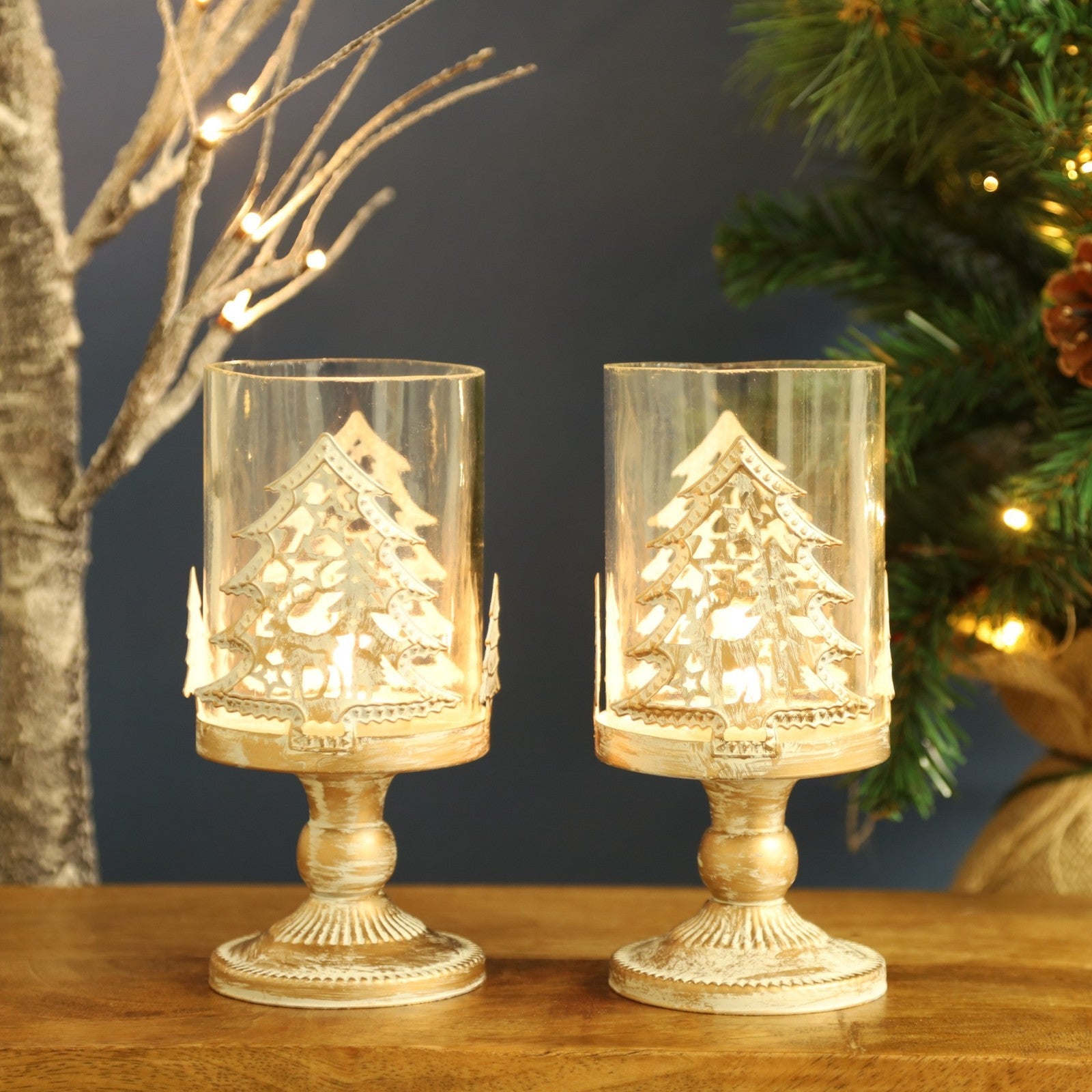 2Pc Gold Glass Candle Holders Metal Tree Reindeer Christmas Tealight Festive