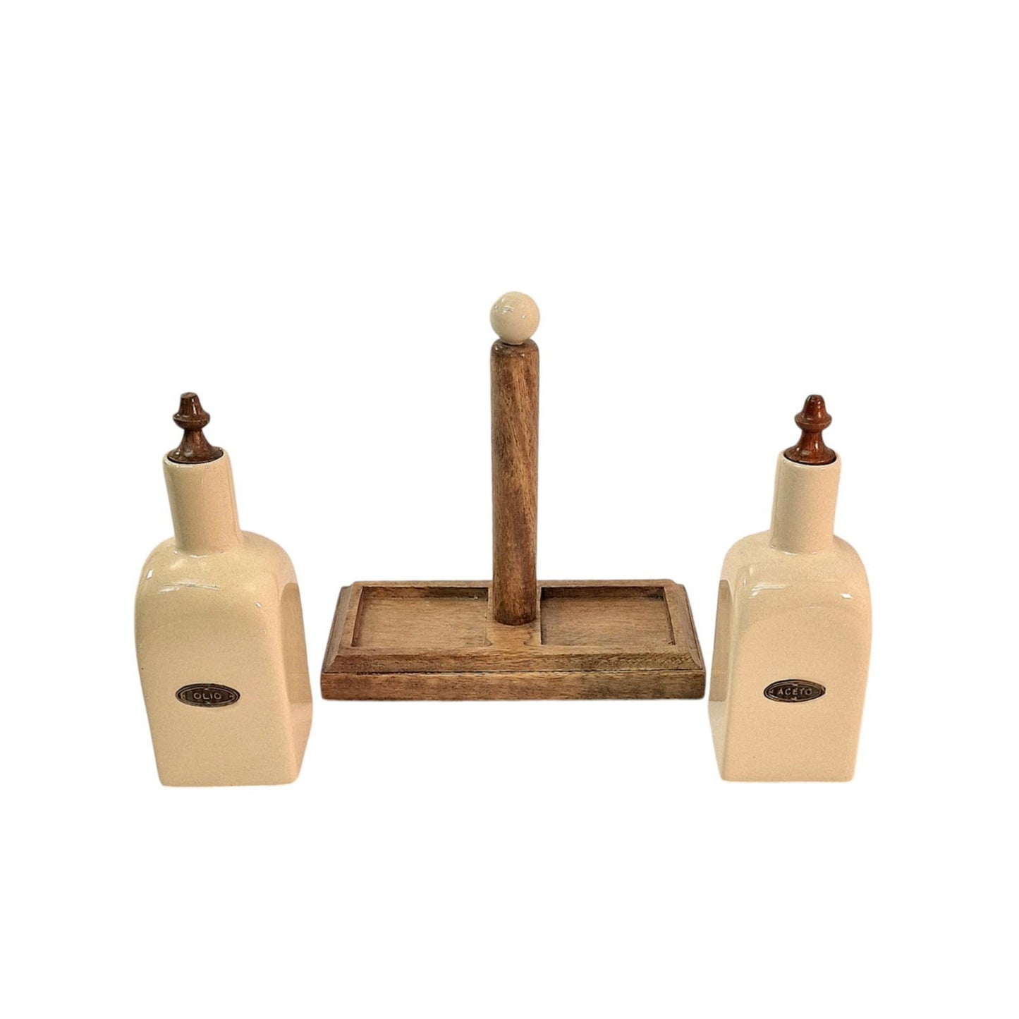 Ceramic Cream Oil & Vinegar Duo Bottles on Mango Wooden Stand Kitchen Organizer