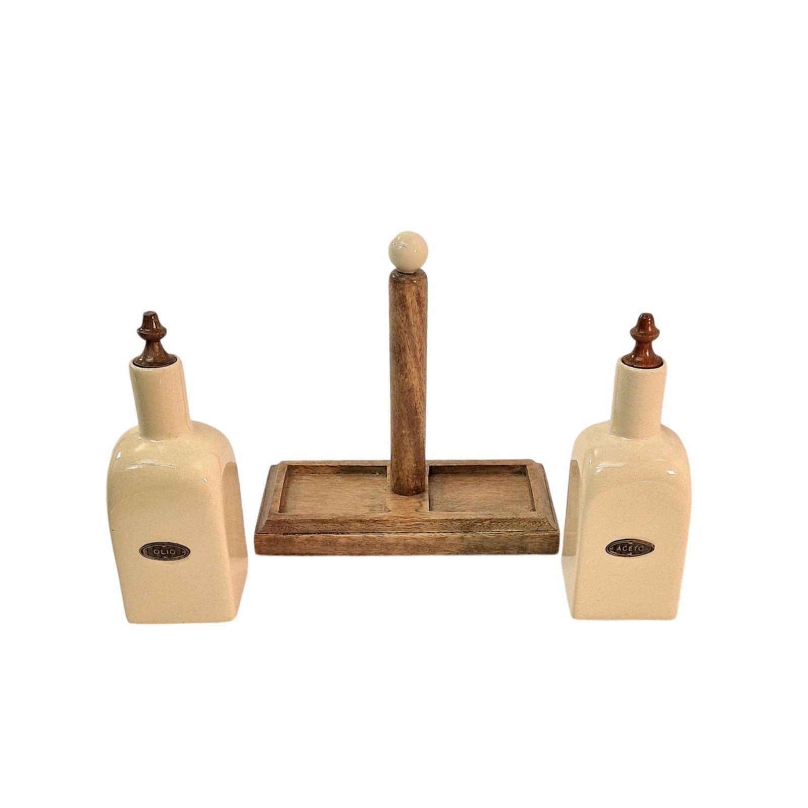 Ceramic Cream Oil & Vinegar Duo Bottles on Mango Wooden Stand Kitchen Organizer