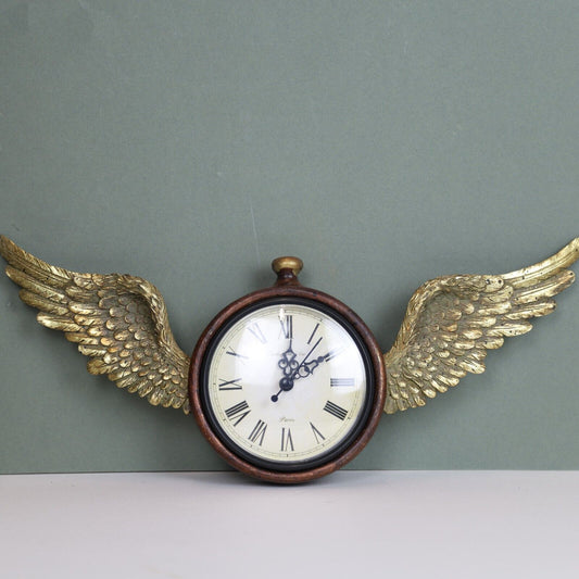 16cm Vintage Time Flies Antique Style Angel Gold Wings Wall Hang Numeral Clock