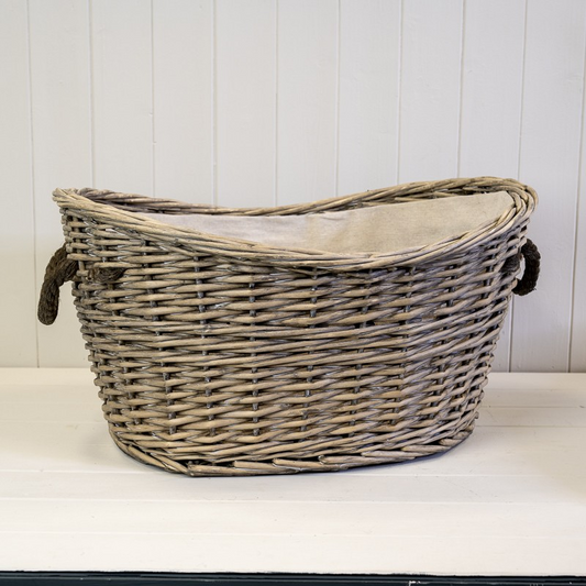 Tapered Wicker Log Storage Basket with Handles Oval Liner Rustic Firewood Holder