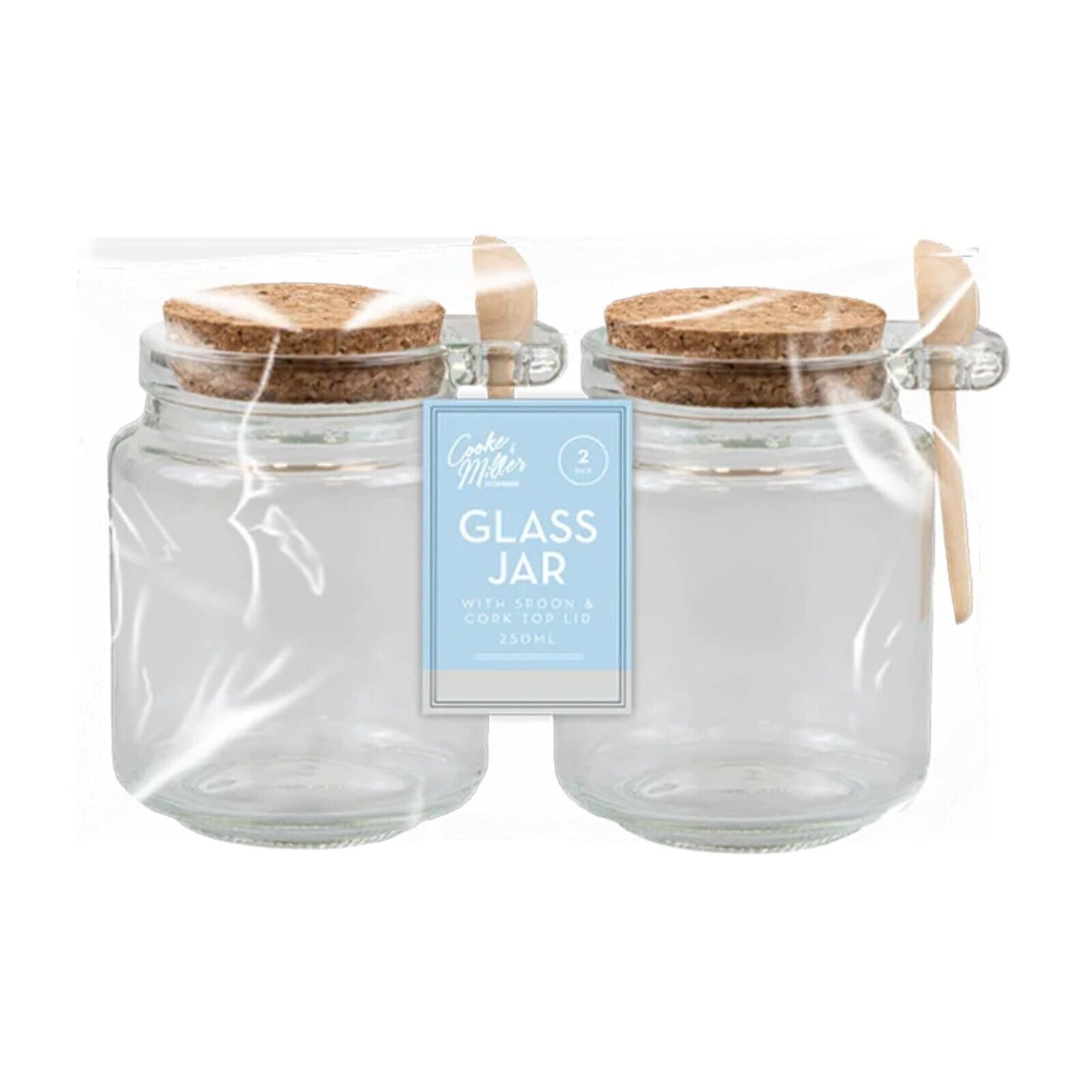 2Pc Glass Jars Airtight Cork Top, Wooden Spoon 250ML Storage Herb Spices Kitchen