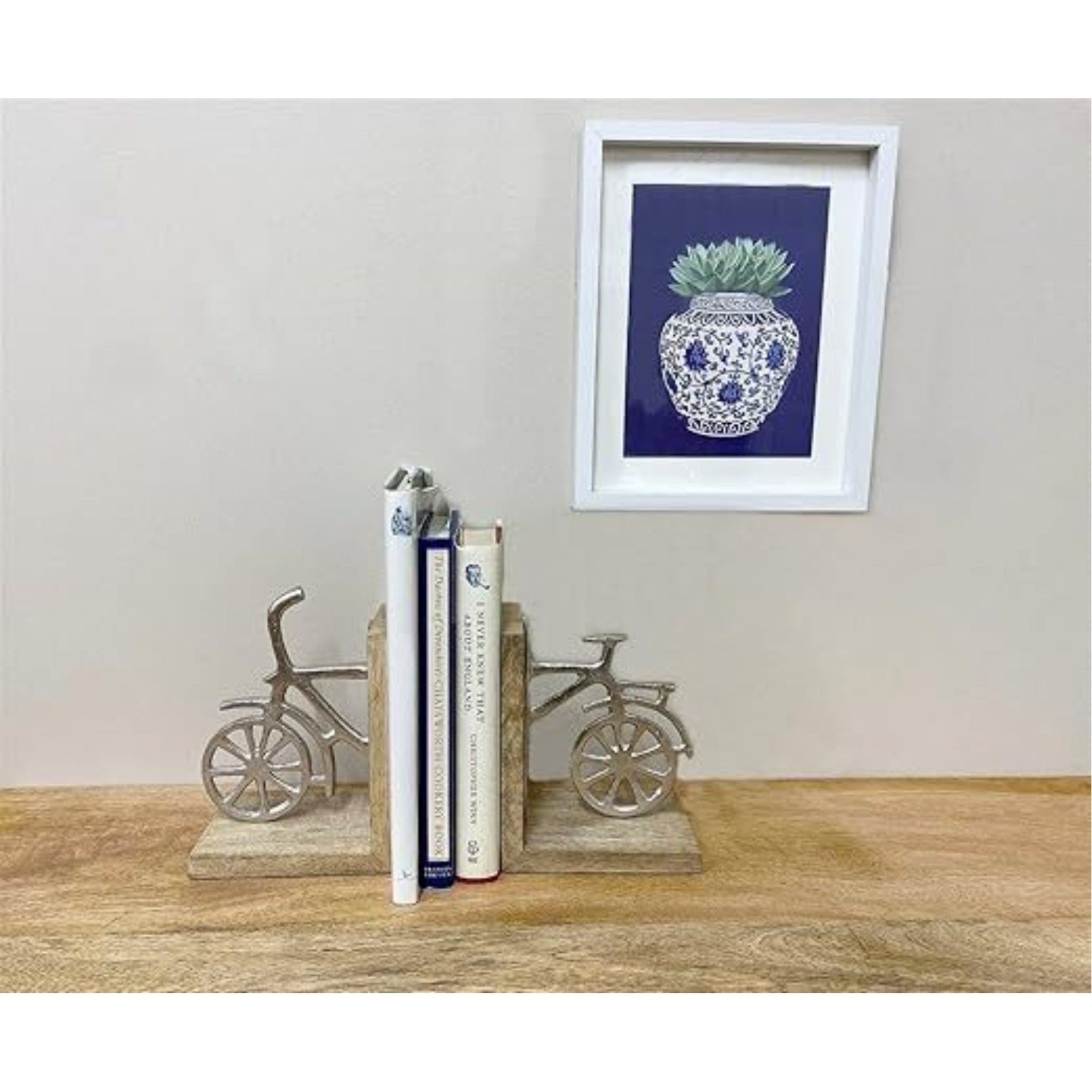 Aluminium Cycle Bicycle Bookends Wooden Base Vintage Shelf Sitter Home Office