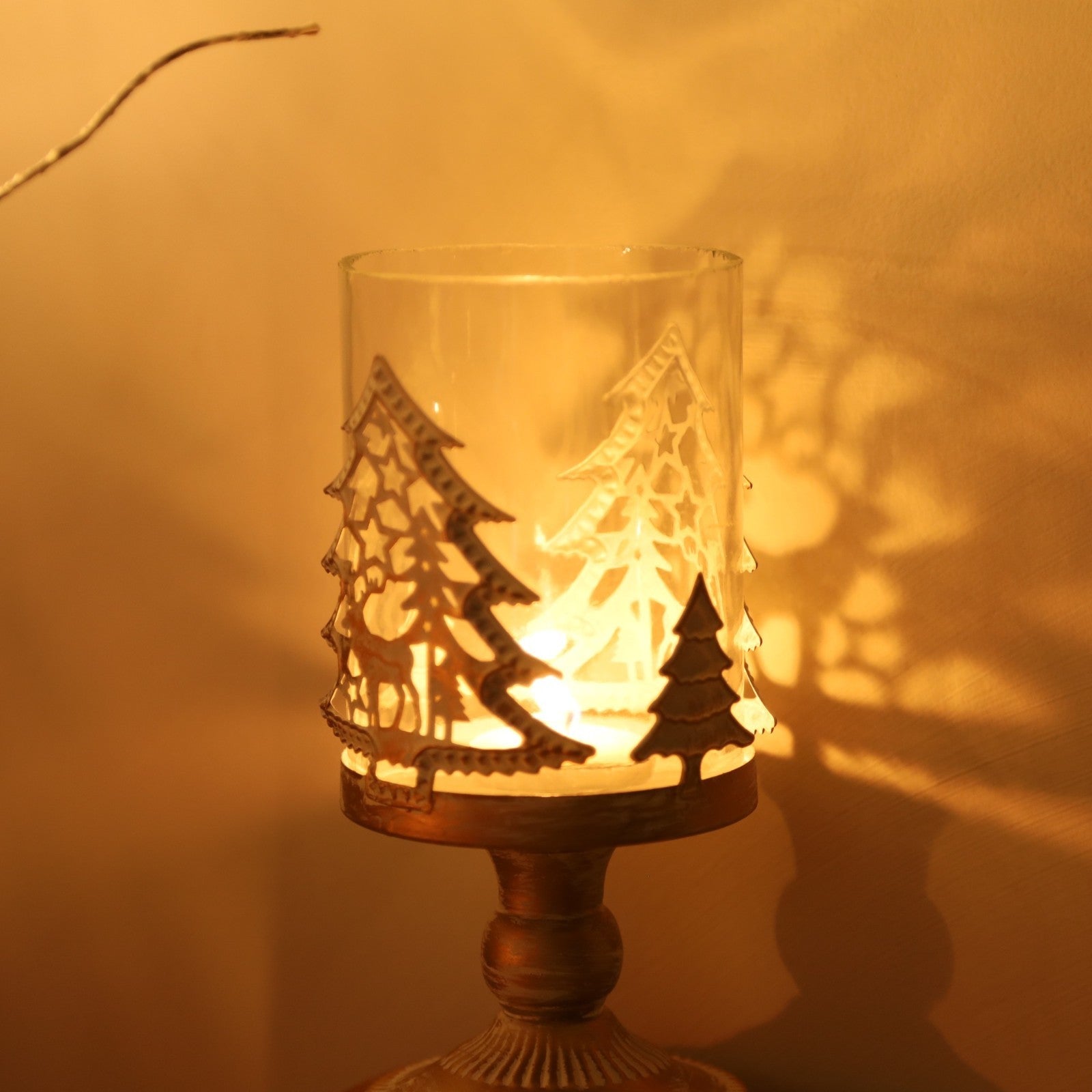 2Pc Gold Glass Candle Holders Metal Tree Reindeer Christmas Tealight Festive