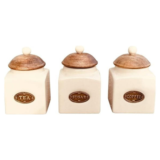 3Pc Ceramic Coffee Tea Sugar Jar with Wooden Lids Kitchen Table Storage Jars