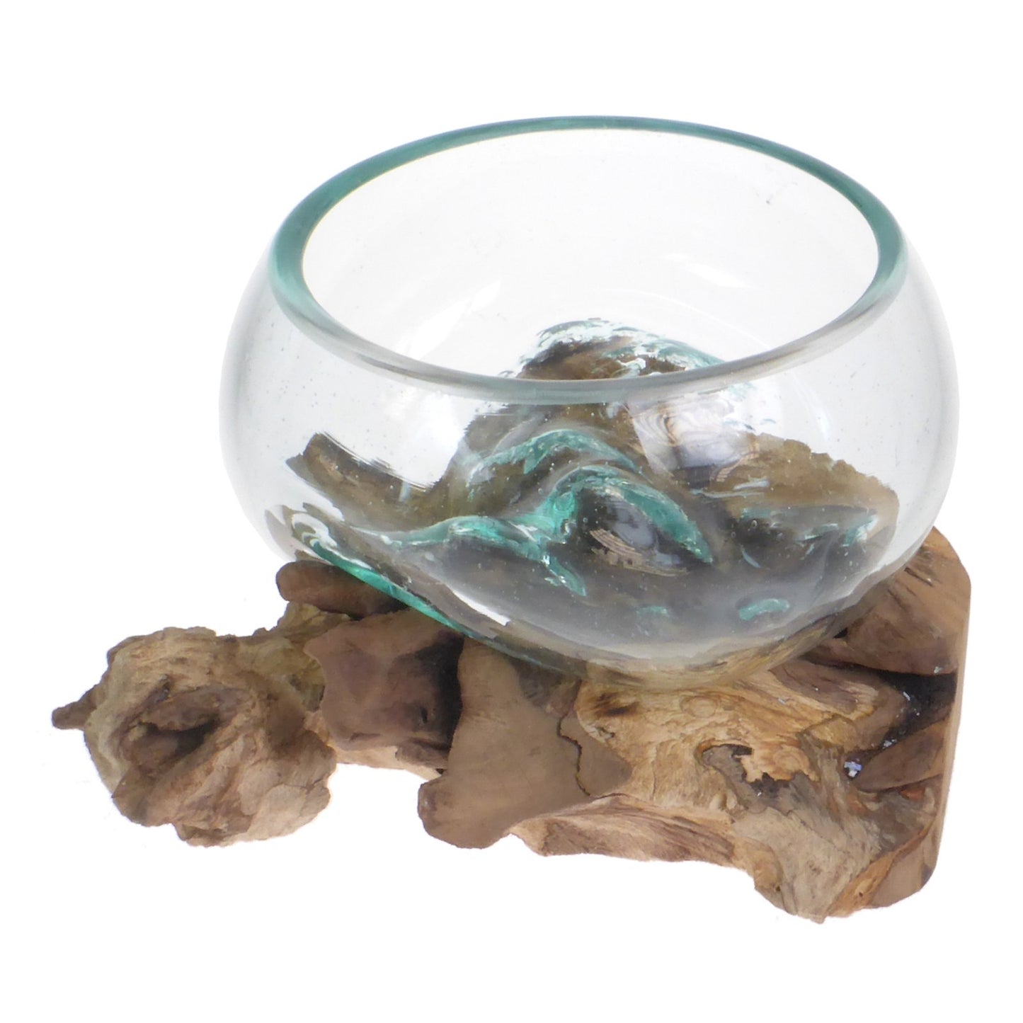 Driftwood Glass Candy Bowl Rustic Molten Lava Bowl on Wood Root Stand Decorative