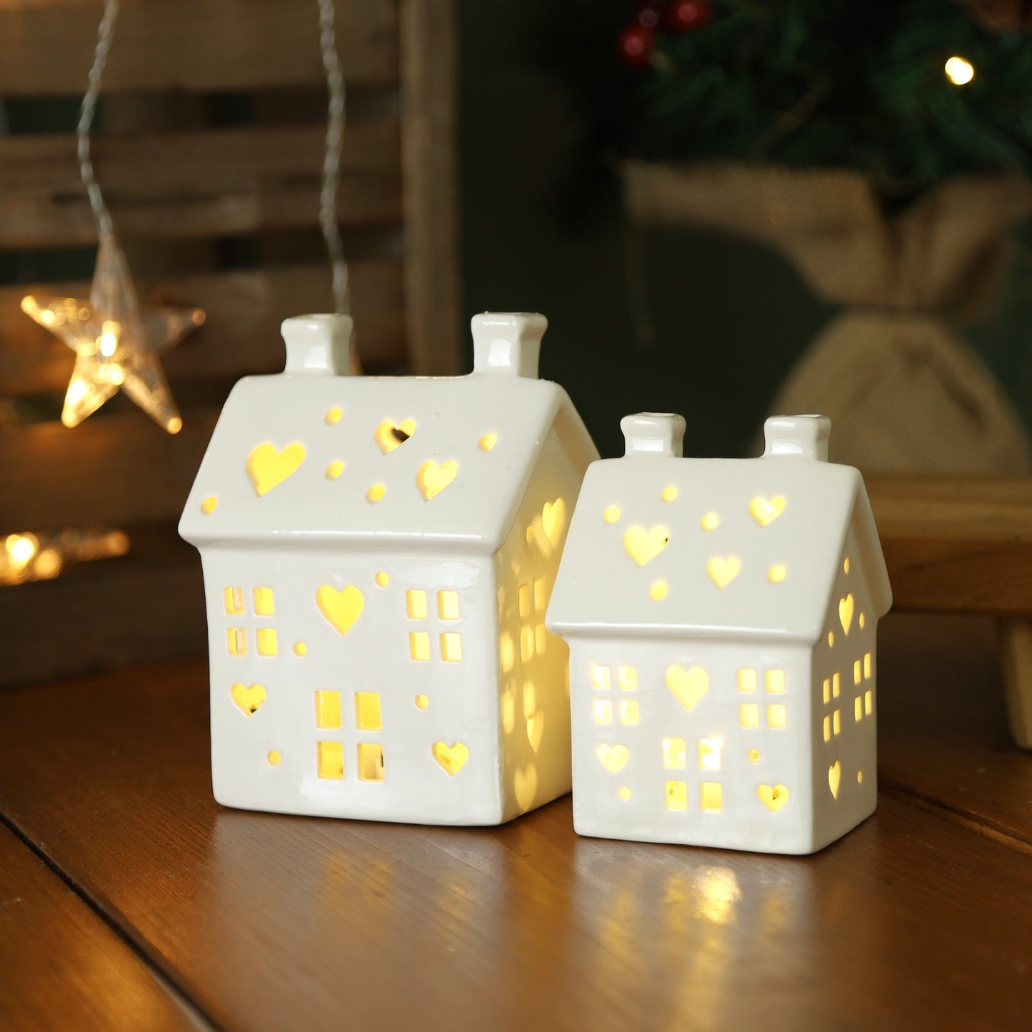 LED House Ceramic Hut Set Small Medium Pair White Village Scene Heart Cut Decor