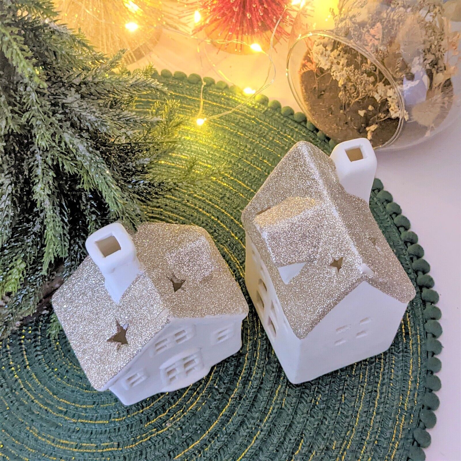 Cream Ceramic Warm LED Light Up Houses Huts Village Scene Christmas Ornaments
