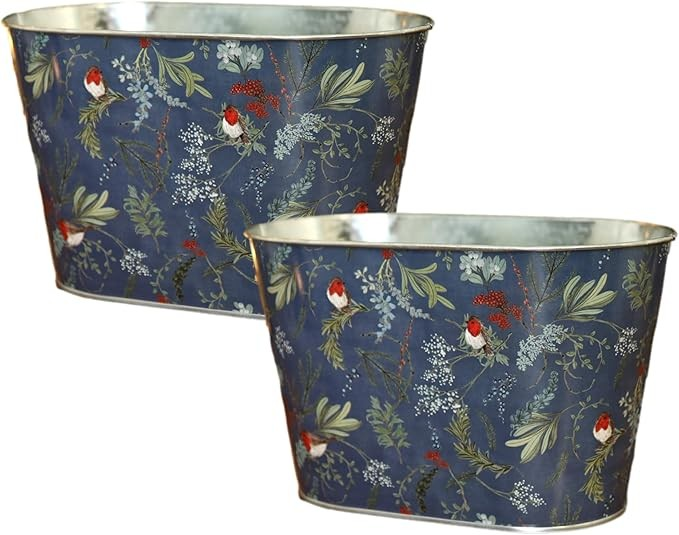 Tin Pail Robin Floral Trough 21cm Plant Pot Christmas Metal Planter Xmas Tub