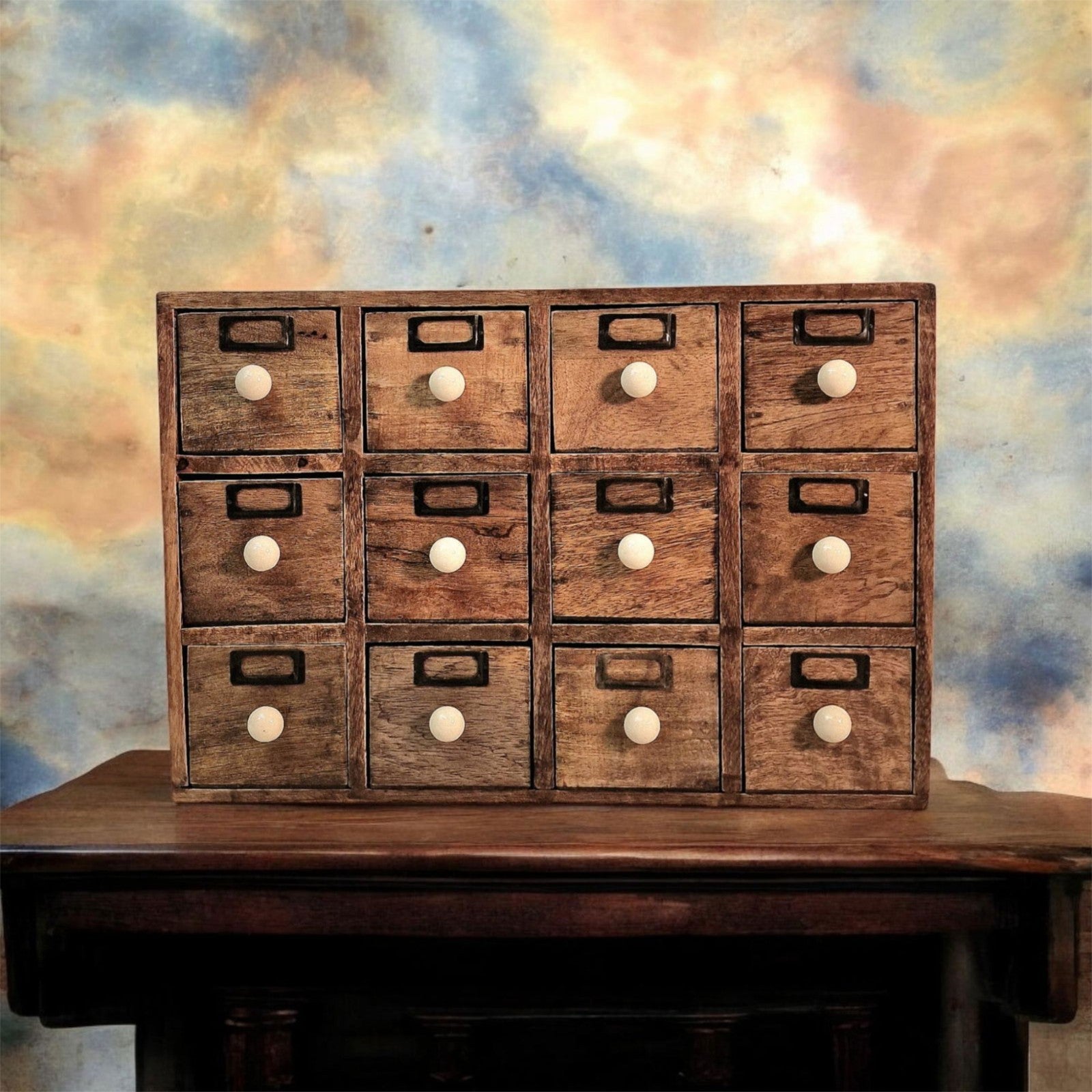 12 Drawer Solid Mango Wooden Trinket Chest/Draw With Ceramic Knob Handles