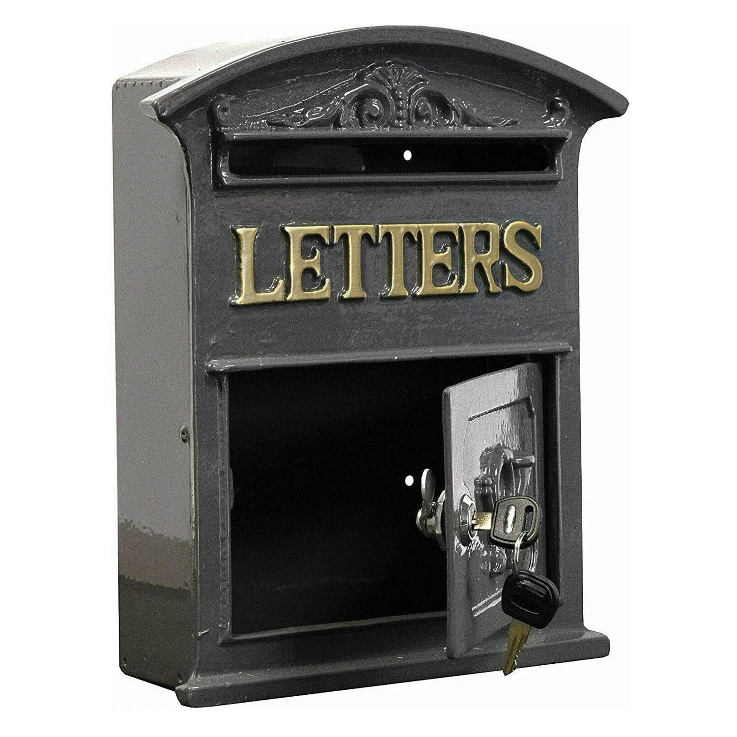 Grey Cast Iron Post Box Wall Mounted Lockable Letter Box Antique Metal Mailbox