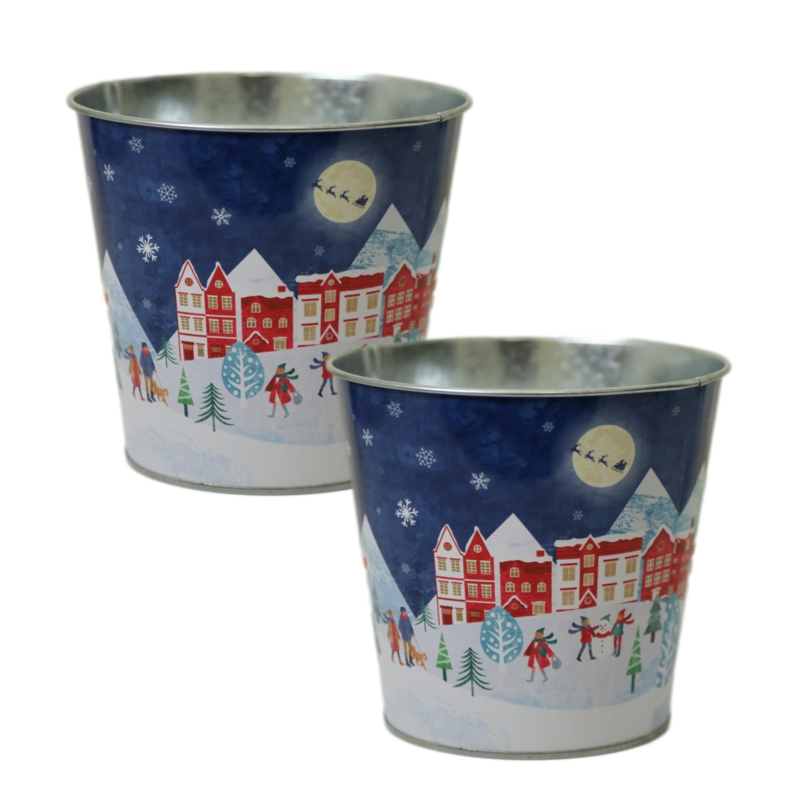 Zinc Blue Plant Pot 15cm Christmas Village Scene Festive Winter Town Planter