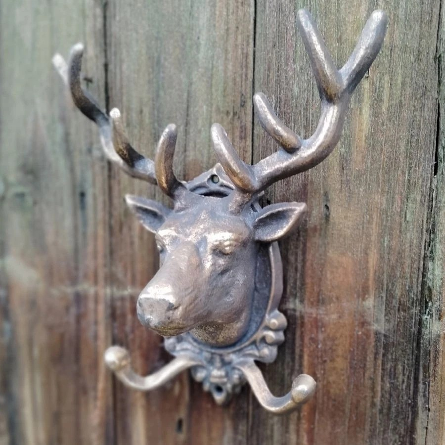 Stag Head Wall Hook Bronze Antler Cast Iron 2 Hooks Storage Coat Key Lead Hanger
