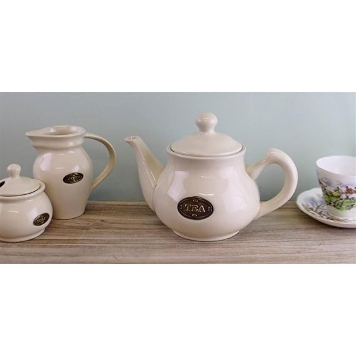 Rustic Cream Ceramic Teapot with Lid 1 Liter Country Cottage Style Tea Serving