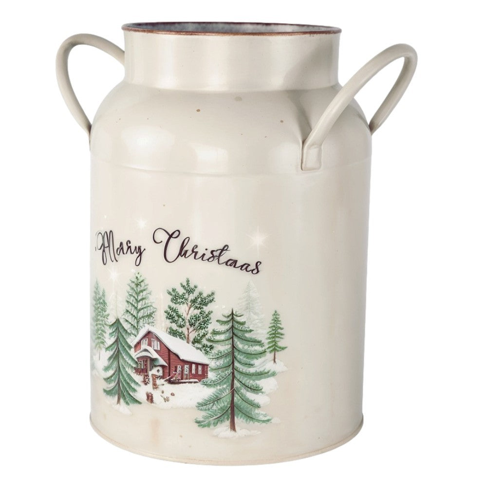 Metal Vase Jug Handles 21cm Festive Winter Tin Churn Merry Christmas Snow Scene