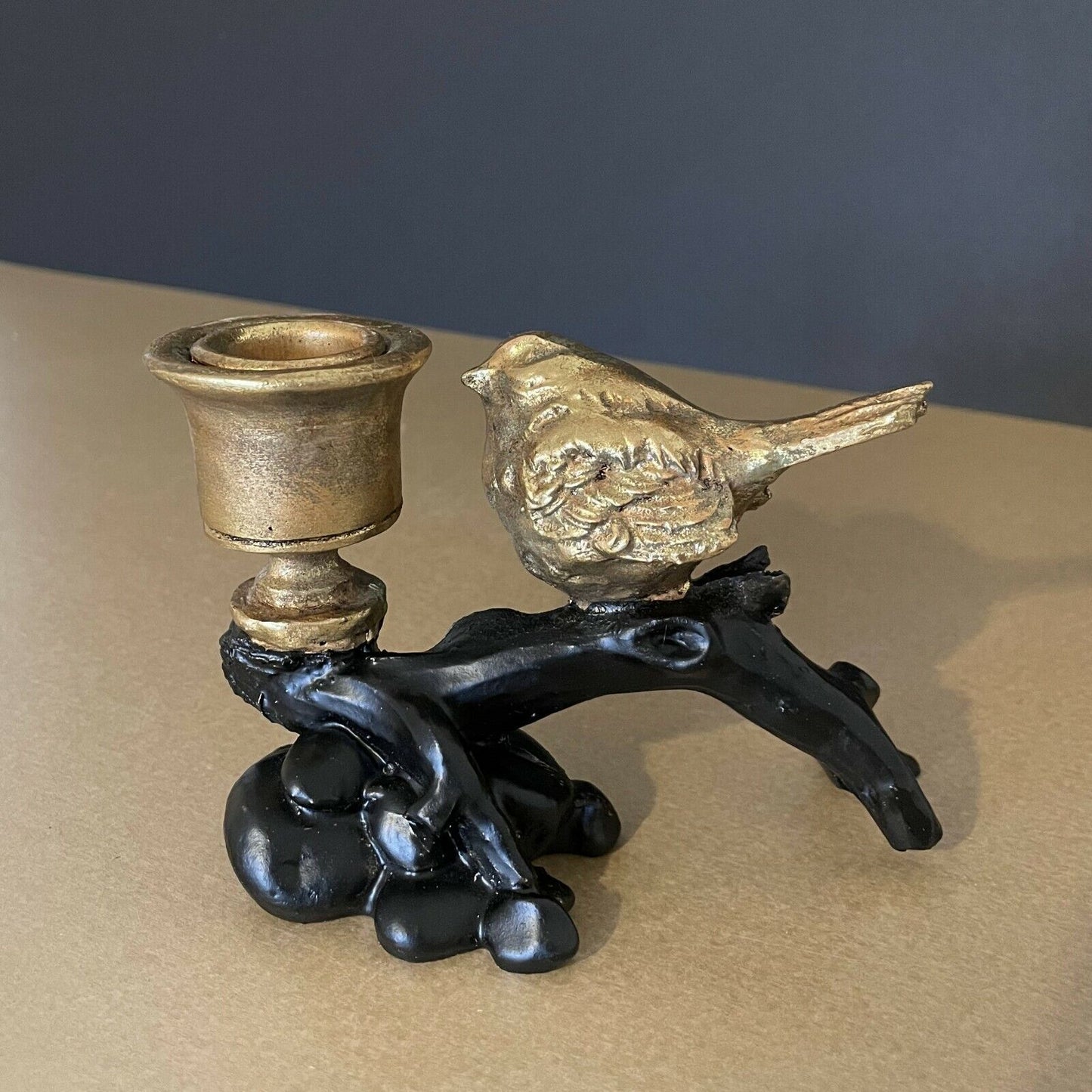 Gold Black Bird On Branch Candle Holder Dinner Table Home Decor Antique Vintage