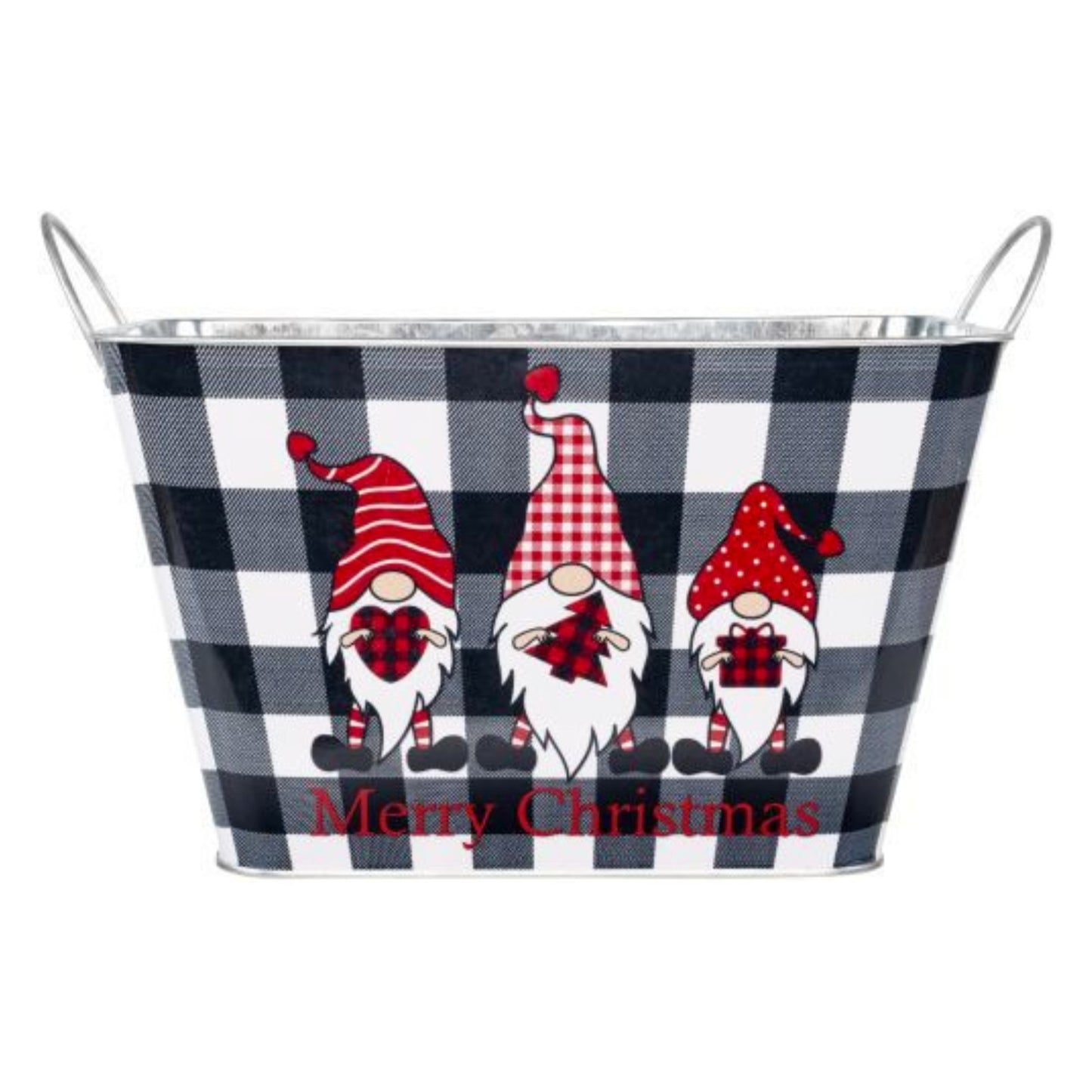 Merry Christmas Tin Trough 30cm Gnome Chequered 5L Pot Xmas Home Garden Planter