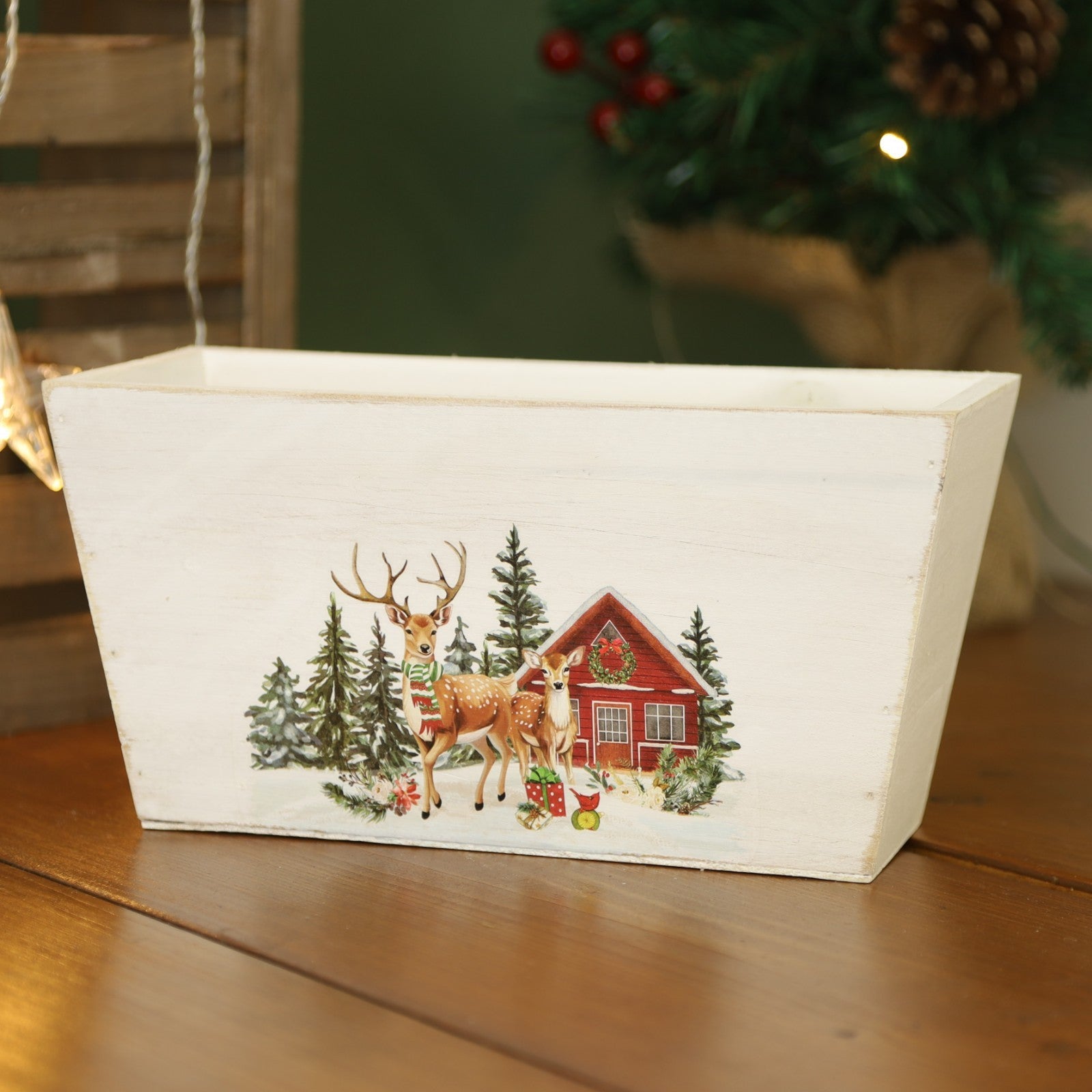 Wooden Trough 25cm Christmas Trees Deers Home Jungle Scene Xmas Festive Planter