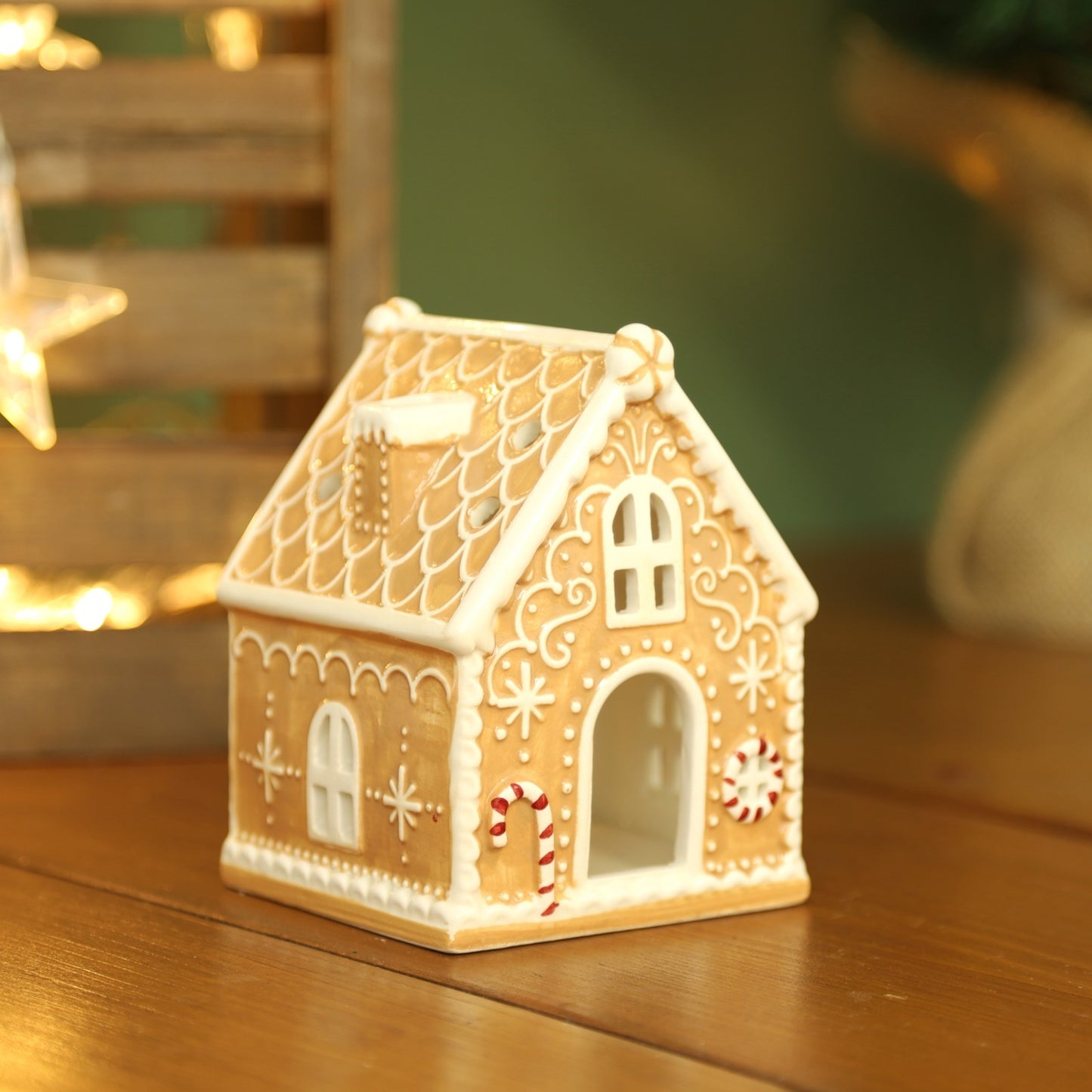 Gingerbread Brown House Ceramic Tealight Candle Holder Christmas Xmas Ornament
