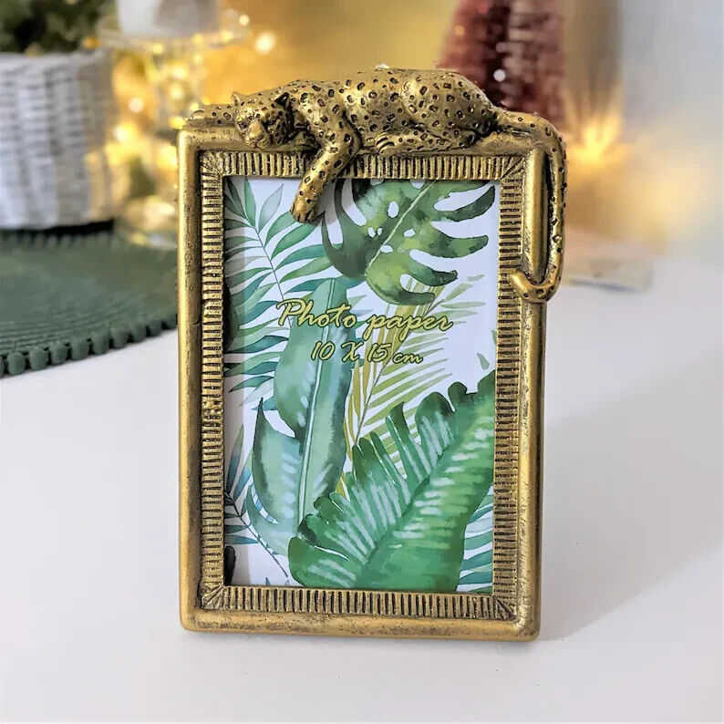 Gold Leopard Cheetah Photo Frame Free Standing Picture Holder 6x4 Vintage Look