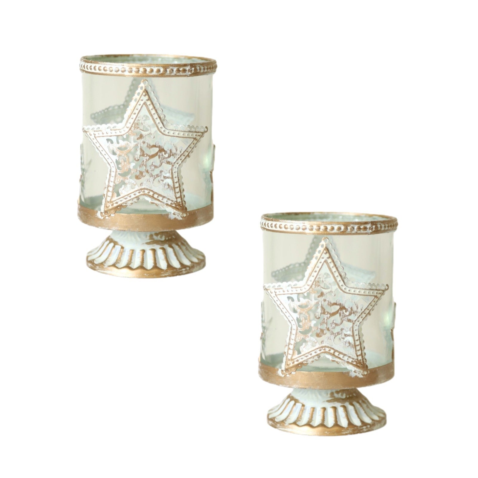 2Pc Rose Gold Glass Star Candle Holders Metal Stars Festive Whitewashed Xmas