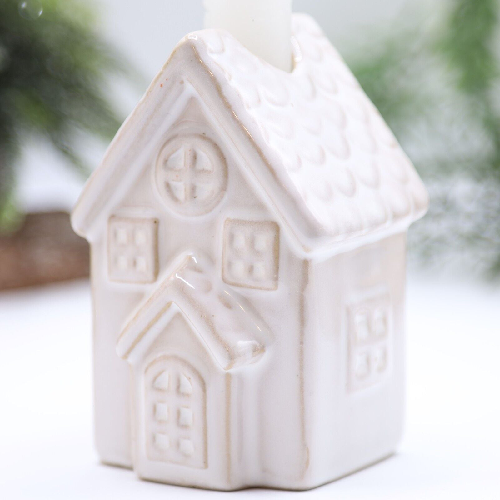 Beige Ceramic Candle Holder Country House Village Scene 9.5cm Ornament Decor