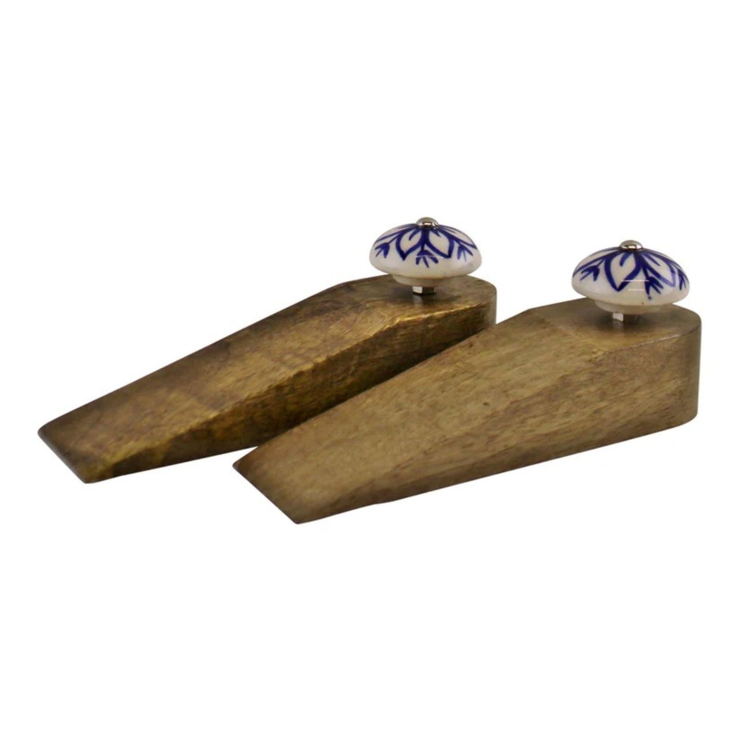 Pair of Mango Wooden Door Wedges With Ceramic Knobs Door Stopper Shabby Chic
