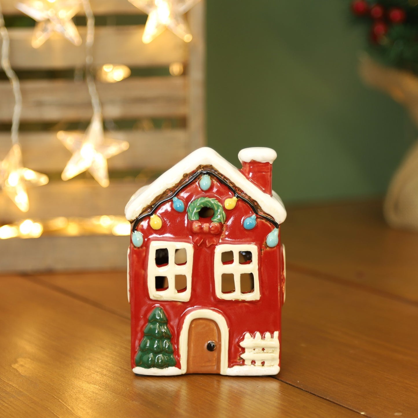Ceramic Christmas Wax Melt House Holder Red Cottage Village Scene Ornament Xmas