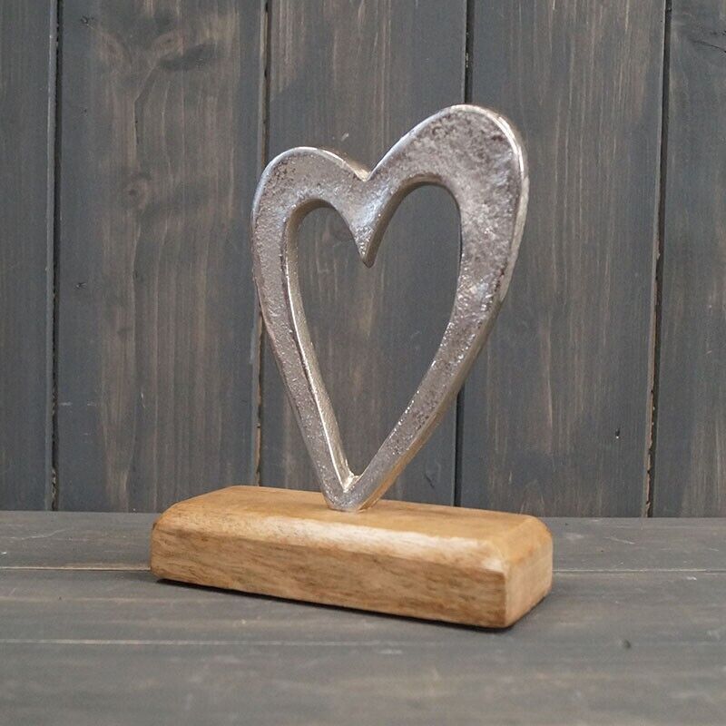 16cm Cut out Aluminium Heart on Wooden Base Home Decor Shabby Chic Figurine