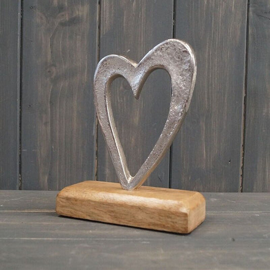 16cm Cut out Aluminium Heart on Wooden Base Home Decor Shabby Chic Figurine