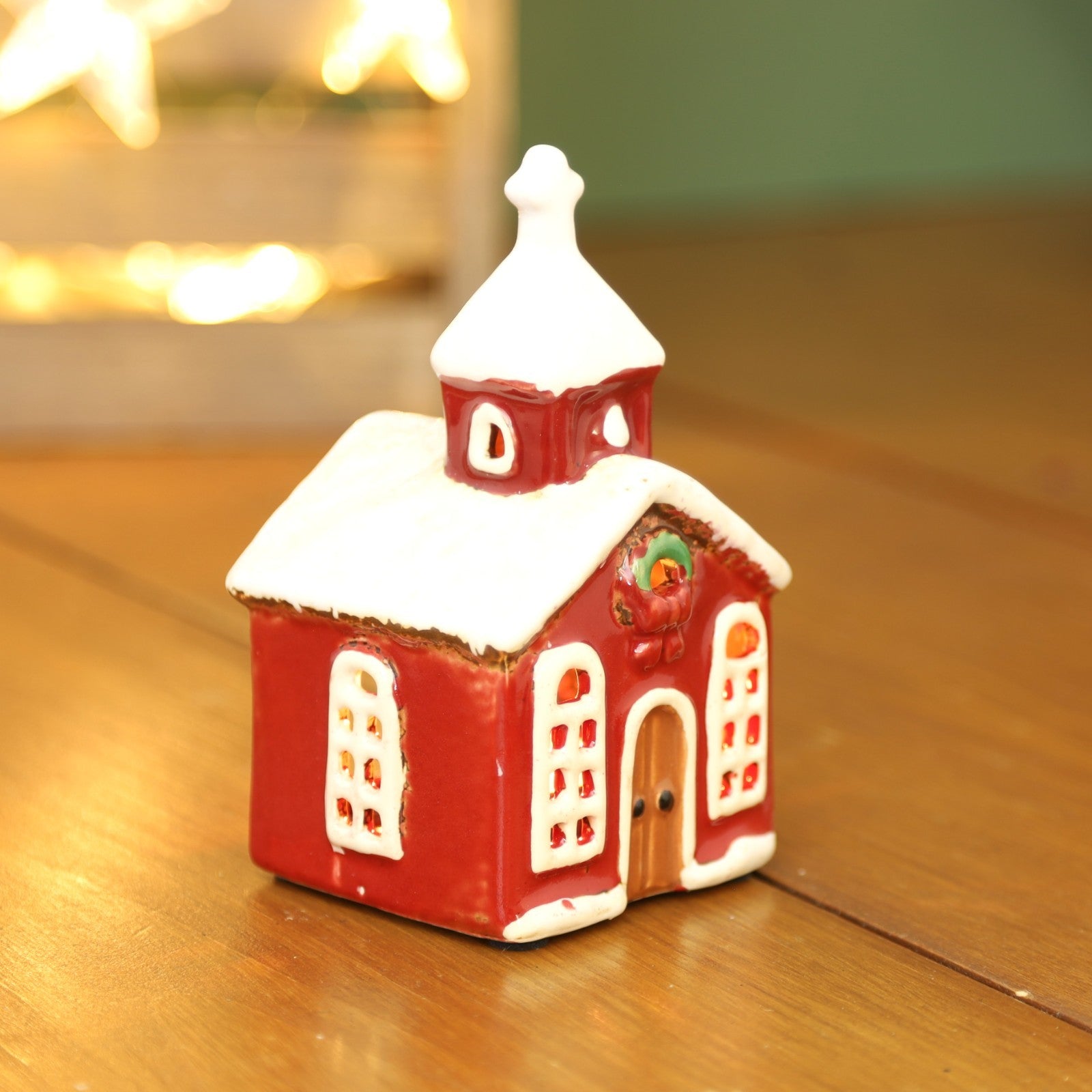 Ceramic Christmas Church Tealight Holder Cottage Village Scene Ornament Xmas