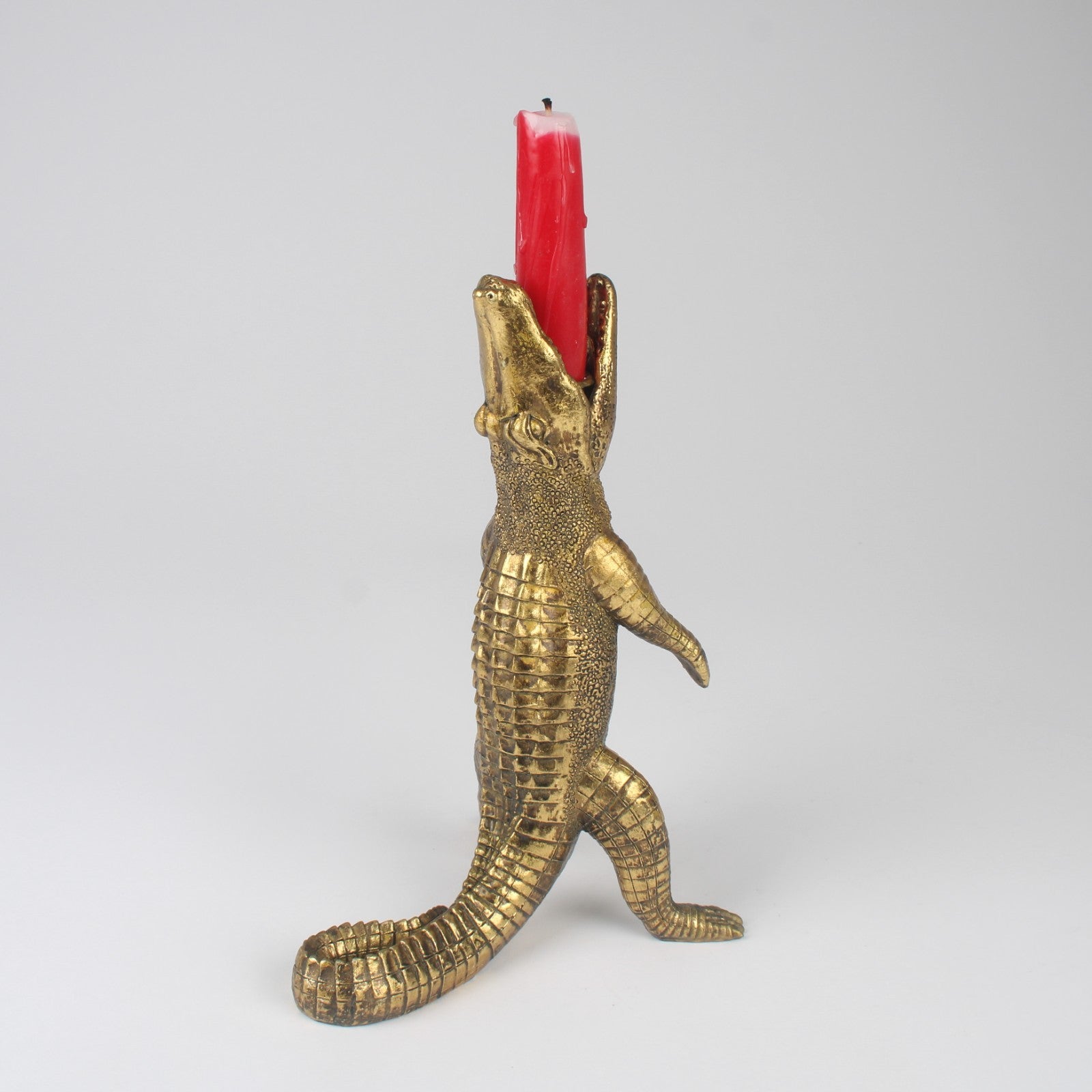Resin Gold Gobbling Alligator Taper Dinner Candle Stick Holder Antique Statue