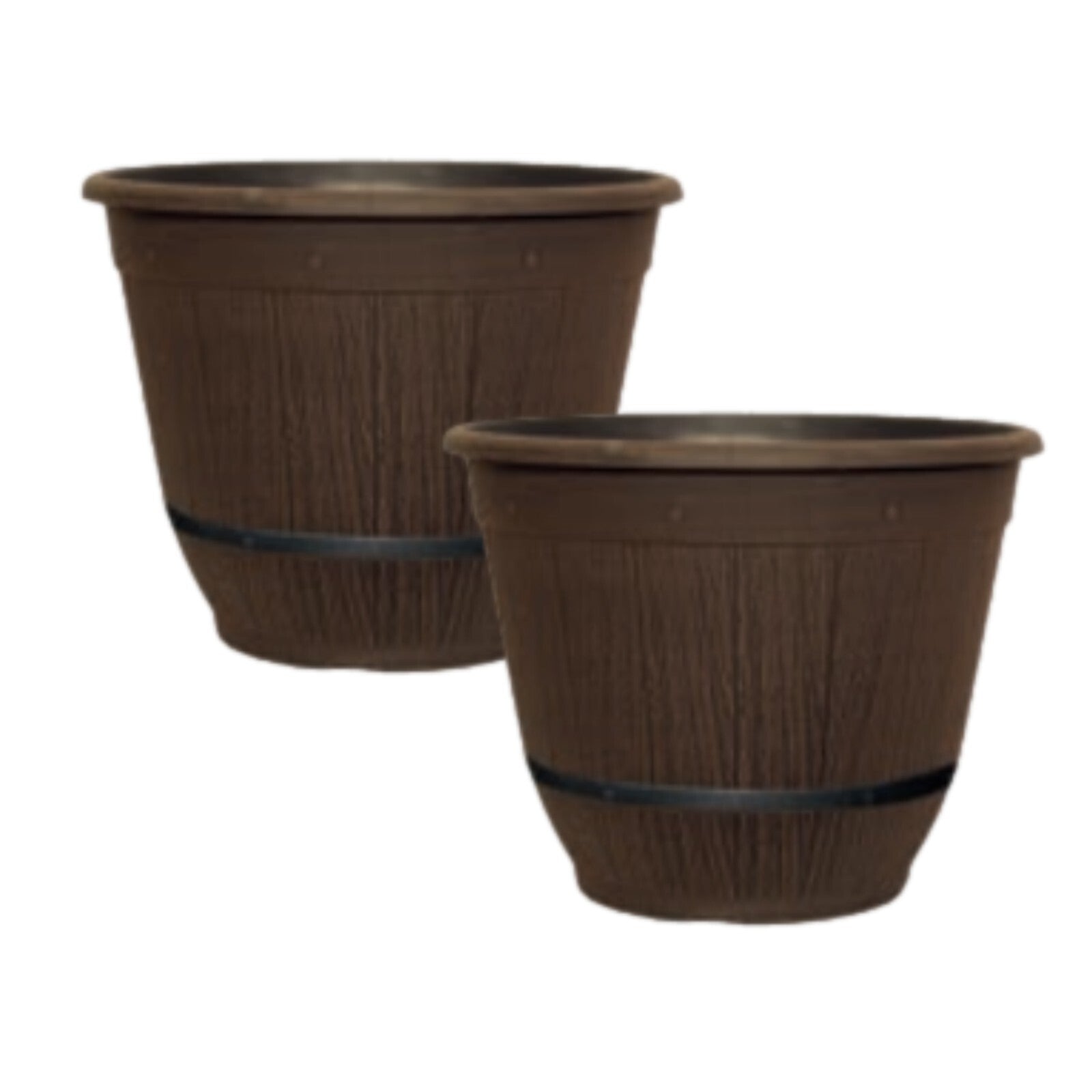 2Pc Round Brown Cask Bell Planter 35cm Plastic 17L Outdoor Garden Plant Pot Band