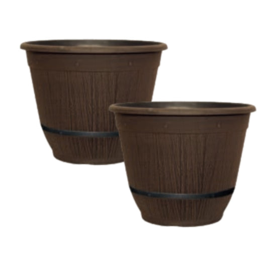 2Pc Round Brown Cask Bell Planter 35cm Plastic 17L Outdoor Garden Plant Pot Band