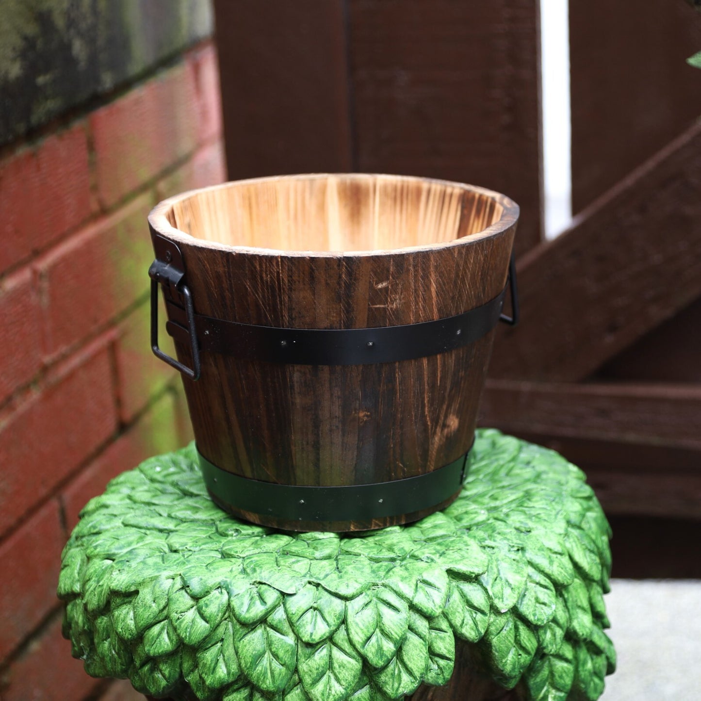 Round Wooden Barrel Planter 20cm Garden Pot with Metal Handles Band Outdoor Tub