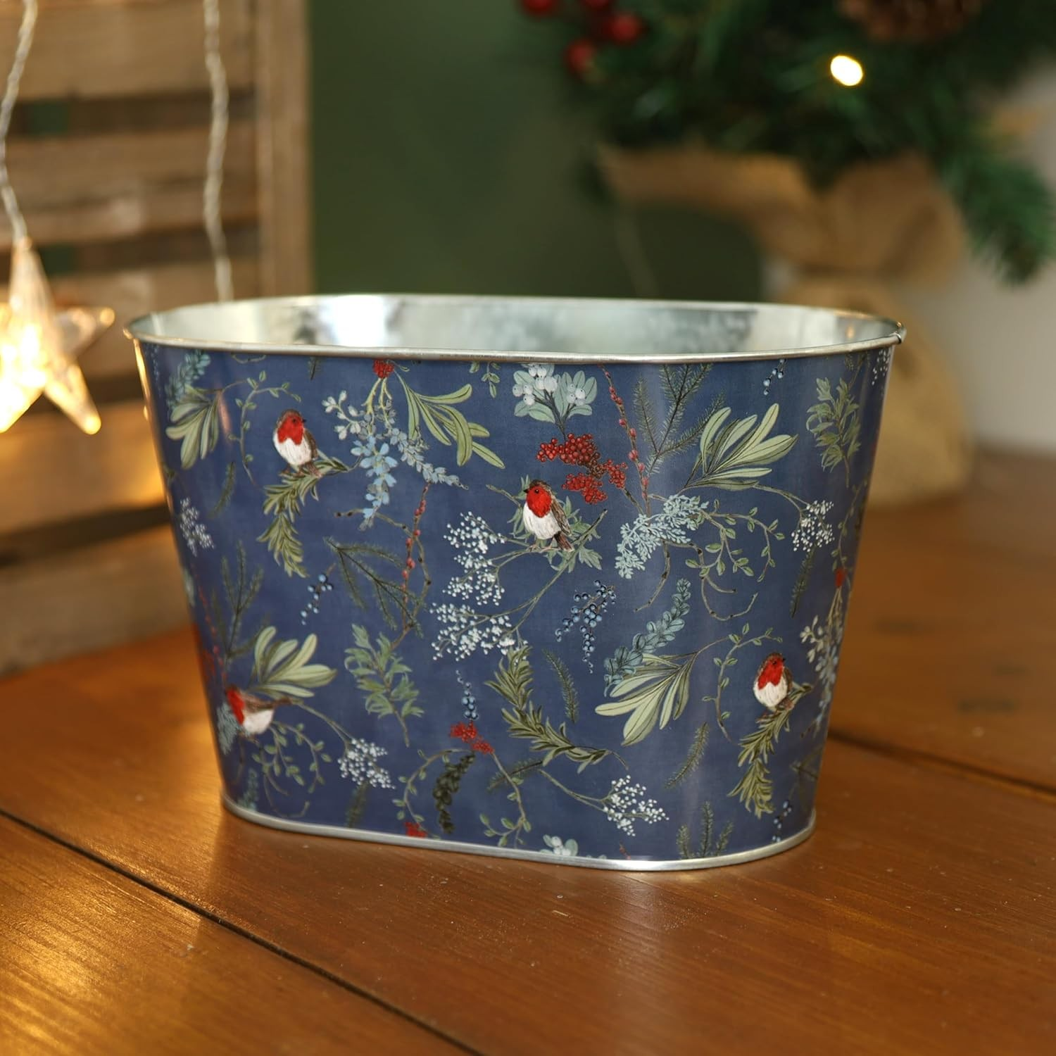 Tin Pail Robin Floral Trough 21cm Plant Pot Christmas Metal Planter Xmas Tub