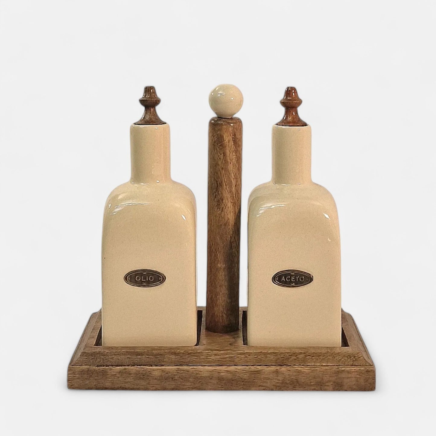 Ceramic Cream Oil & Vinegar Duo Bottles on Mango Wooden Stand Kitchen Organizer