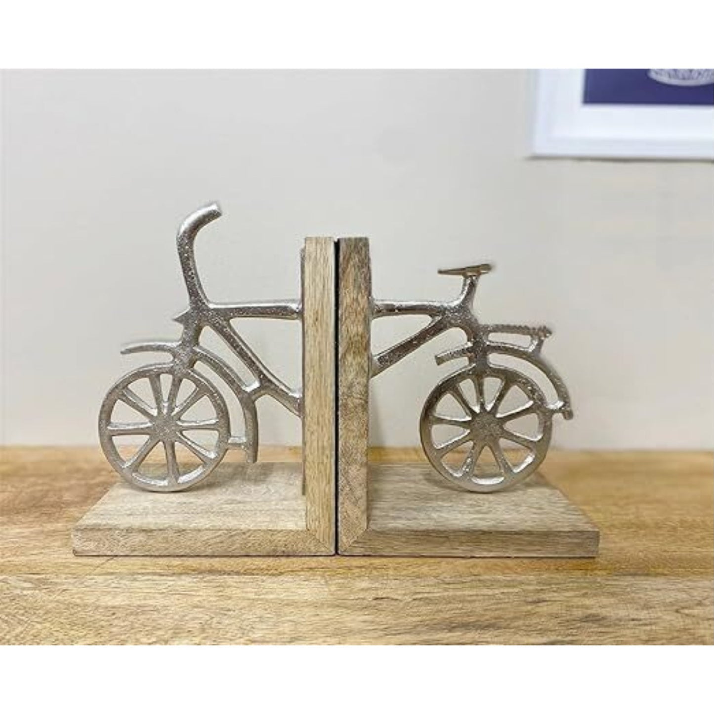 Aluminium Cycle Bicycle Bookends Wooden Base Vintage Shelf Sitter Home Office