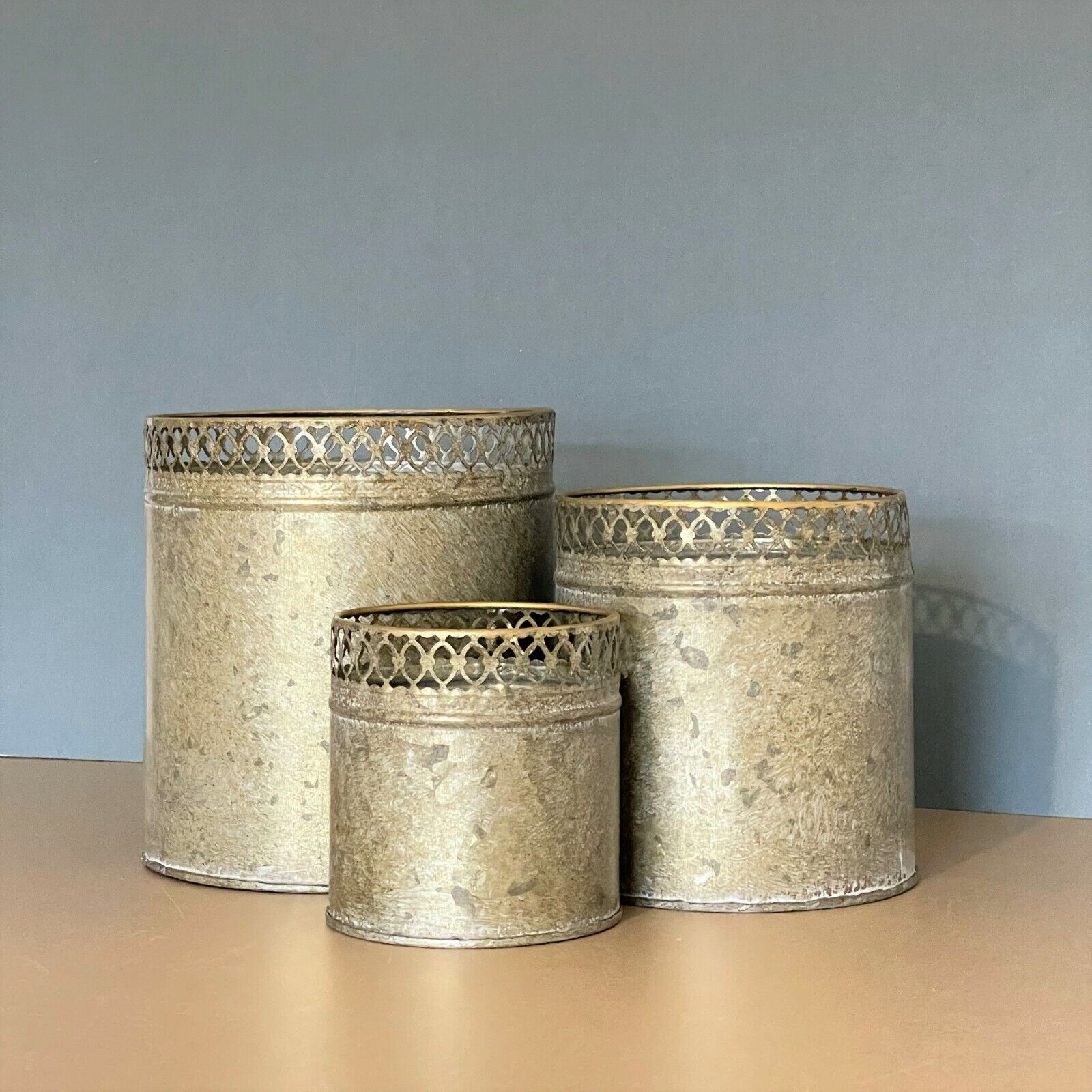 Set of 3 Galvanised Gold Metal Rounds Plant Pots Planters Garden Pots Vases