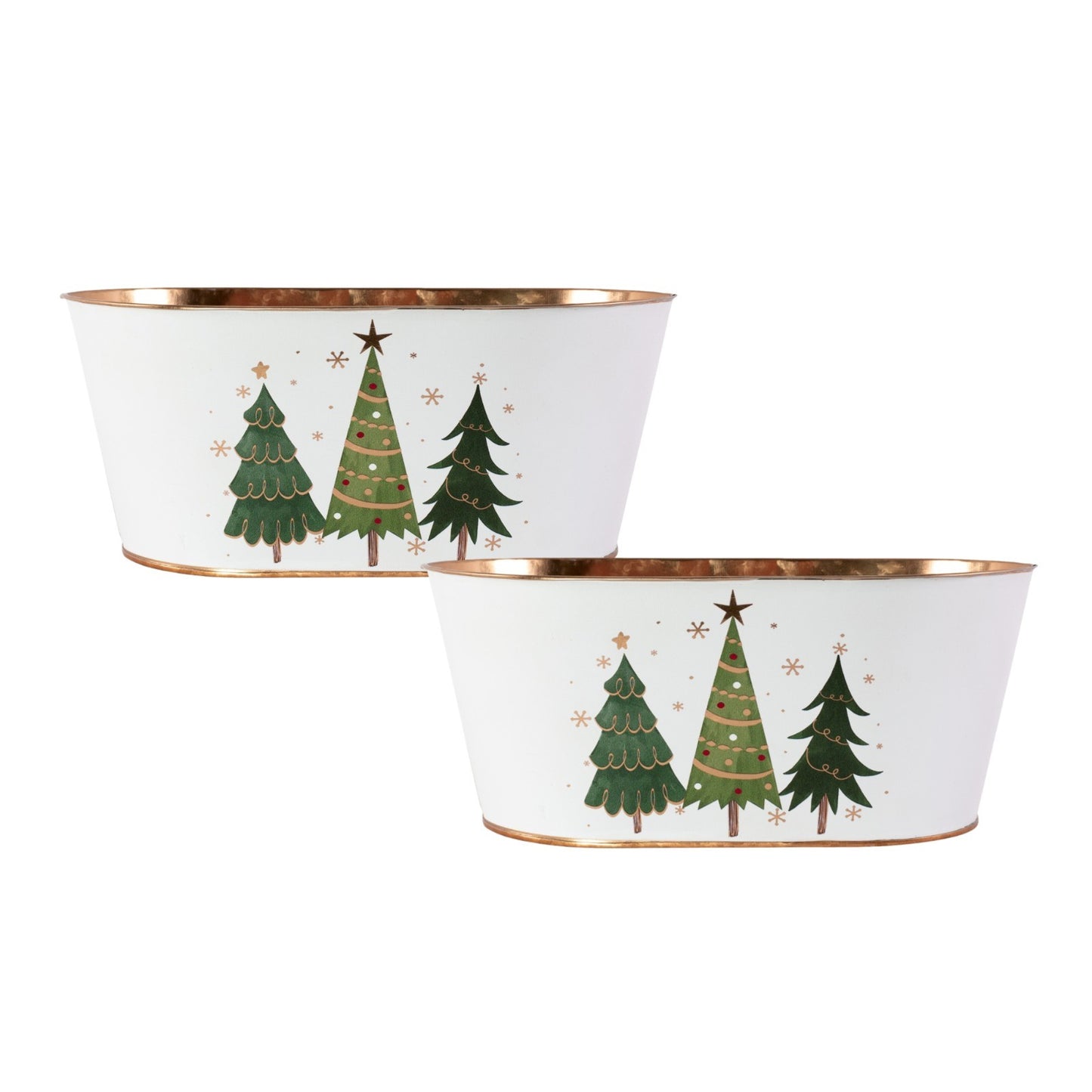 Metal White Trough Christmas Trees Stars 27cm Tin Pail Planter Pot Gold Rim Xmas