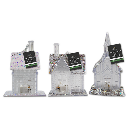 3Pc Christmas LED Lightup Silver Glitter House Hanging Strings Xmas Gift Decor
