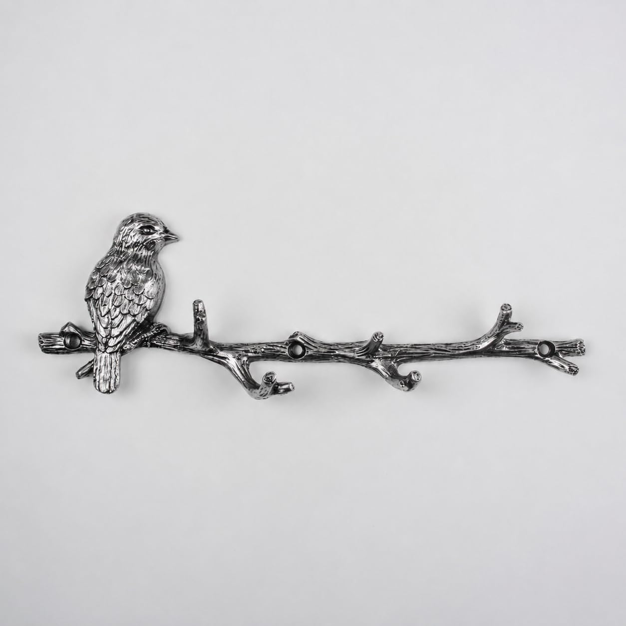 Metal Silver Bird on Branch 6 Hooks Coat Key Lead Hanger Rack Wall Mounted Hook